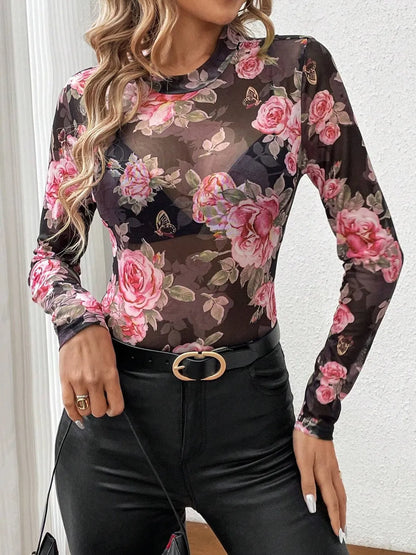 Women's Mesh Floral Mock Neck Long Sleeve Top