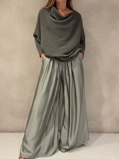 Elegant Two Piece Satin Top & Wide Leg Trouser Set - Various Colours