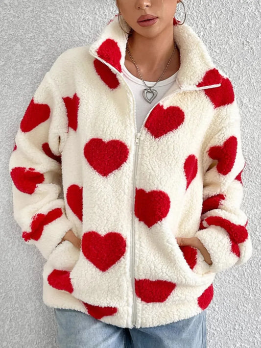 Valentines Inspired Fleece Jacket - Heart Print