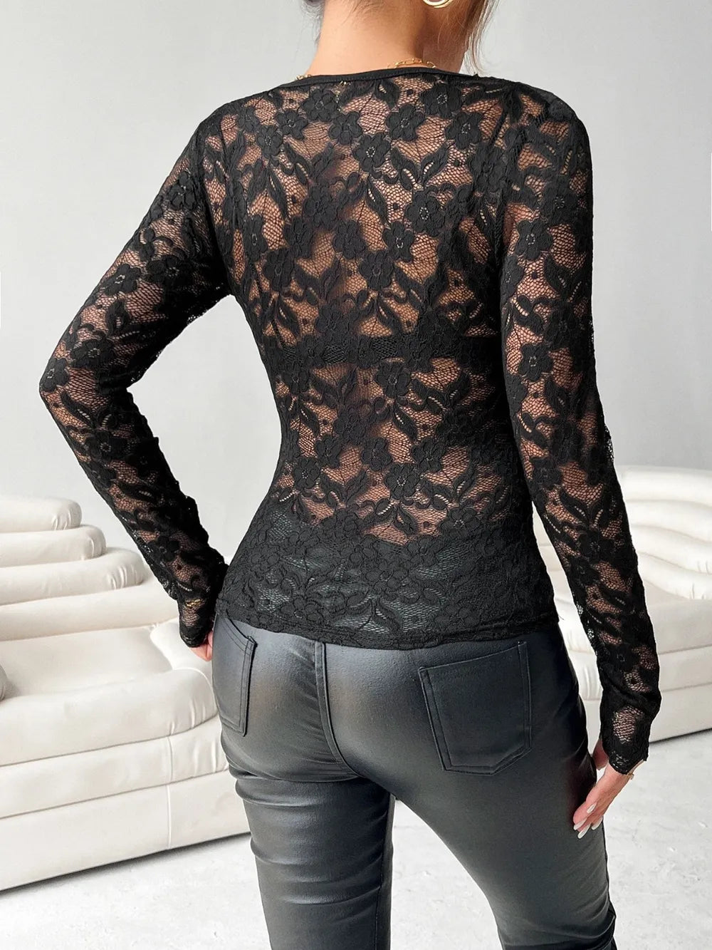 Women's Lace V-Neck Long Sleeve Top - Various Colours