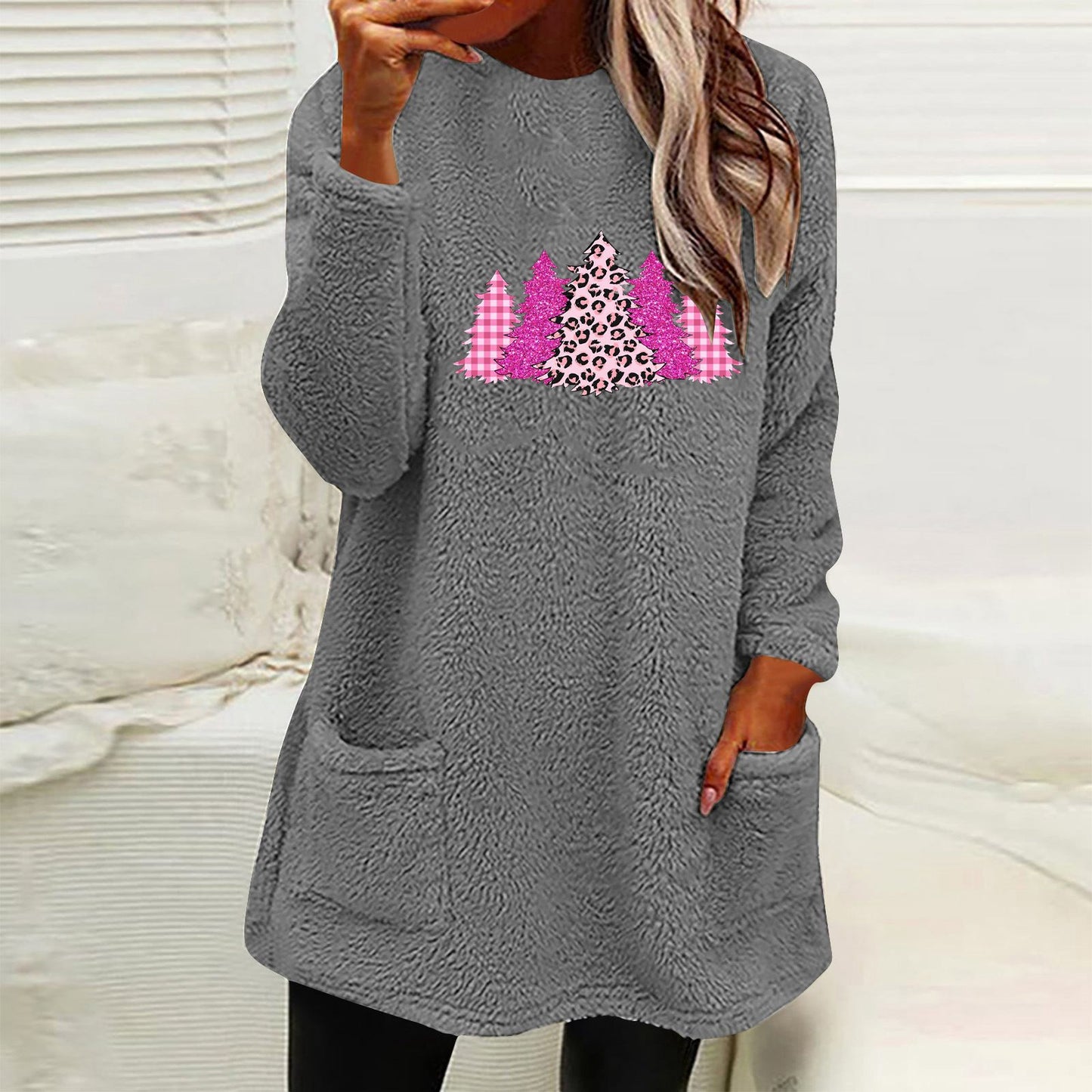 Christmas Fleece Jumper with Pockets - Christmas Trees Pink - Various Colours