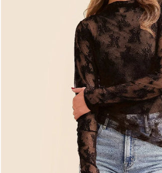 Women's Mock Neck Long Sleeve Sheer Top