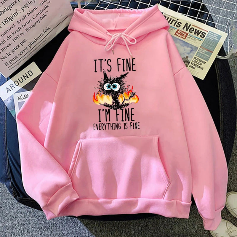 Unisex Hoodie - Cartoon Cat It's Fine - Various Colours - Up to 4XL
