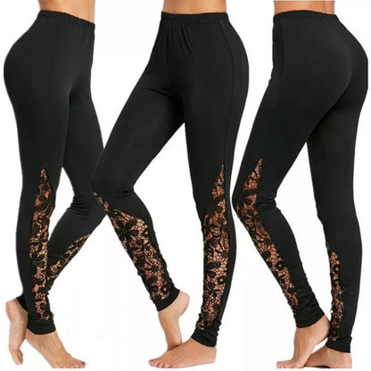 Ladie's High Waist Black Lace Leggings Floral Lace Side Panel Cut Out S-2XL