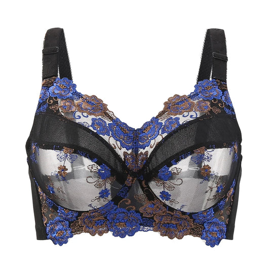 A62 - Ladies Full Coverage Blue Floral Embroidery Bra 34-48 B-H cup