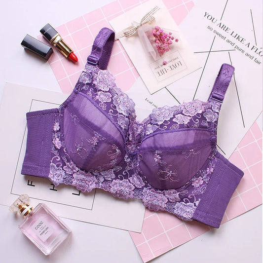 A38 - Ladies Underwire Sheer Floral Lace Purple Bra 34-48 B-H cup