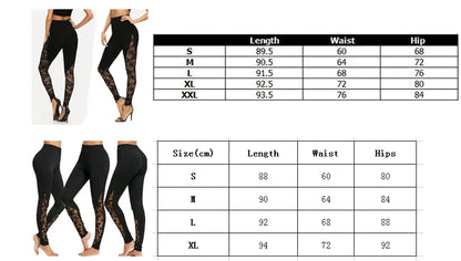 Ladie's High Waist Black Lace Leggings Floral Lace Side Panel Cut Out S-2XL
