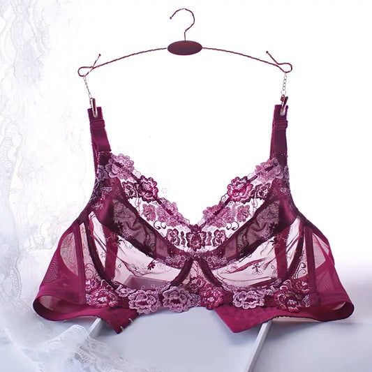 A59 - Ladies Full Coverage Burgundy Floral Embroidery Bra 34-48 B-H cup