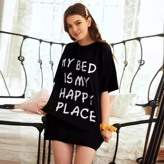 Nightshirt Round Neck Short Sleeve - Happy Place - Black