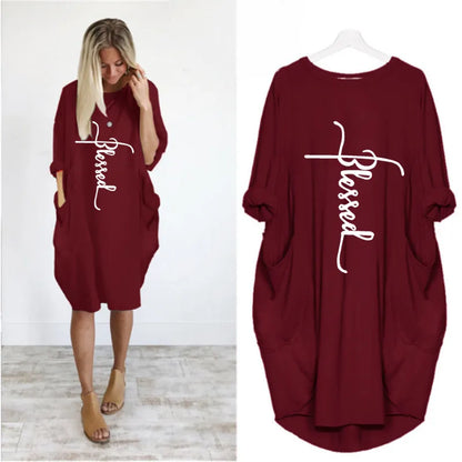 Women's Long Sleeve O-Neck Loose Casual Dresses Plus Size - various colours