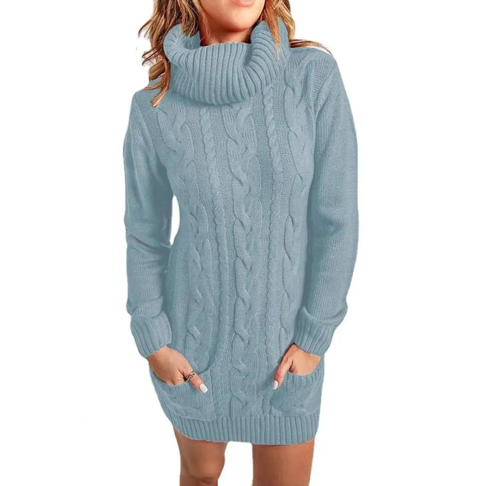 Ladies Knitted Turtleneck Twist Jumper Dress - various colours - M - 3XL