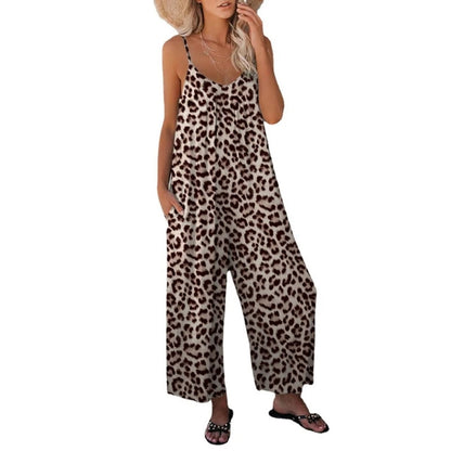 Ladies Spaghetti Strap Leopard Print Jumpsuit Romper - S - 3XL