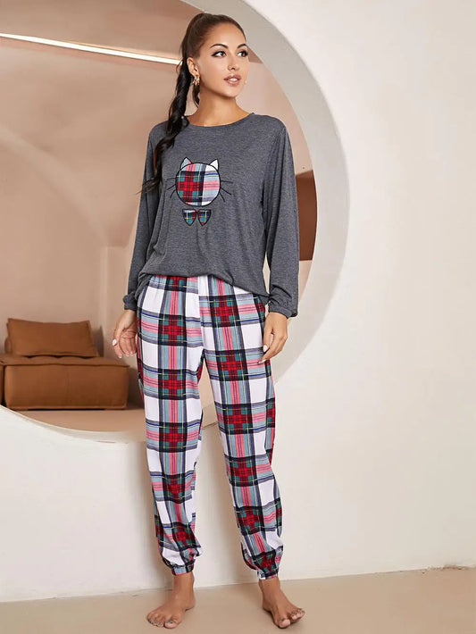 Women's 2 piece Pyjama Set Long Sleeve Cat Plaid T-shirt Top And Pants Sleepwear