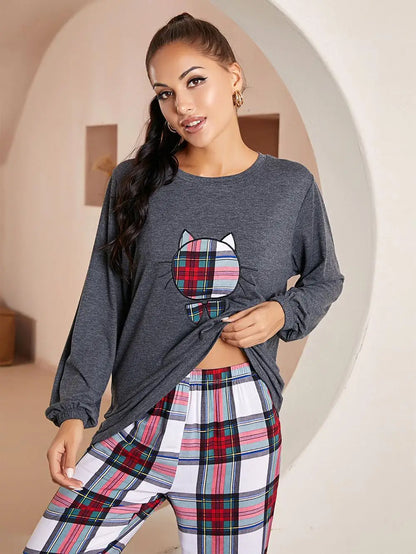 Women's 2 piece Pyjama Set Long Sleeve Cat Plaid T-shirt Top And Pants Sleepwear