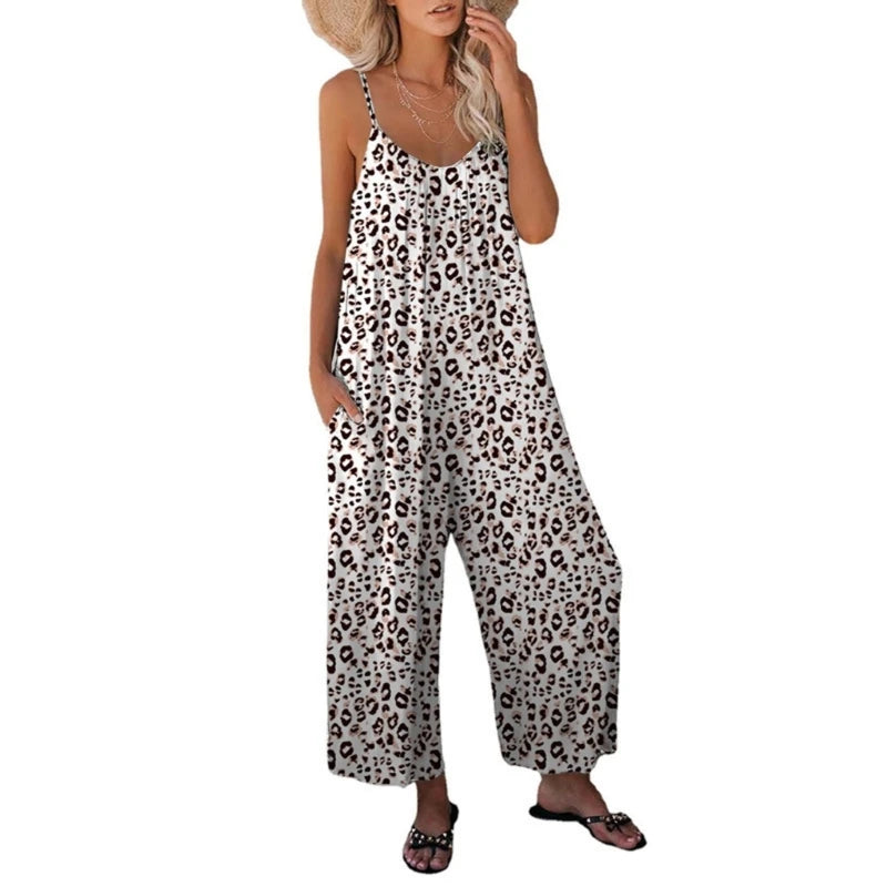 Ladies Spaghetti Strap Leopard Print Jumpsuit Romper - S - 3XL