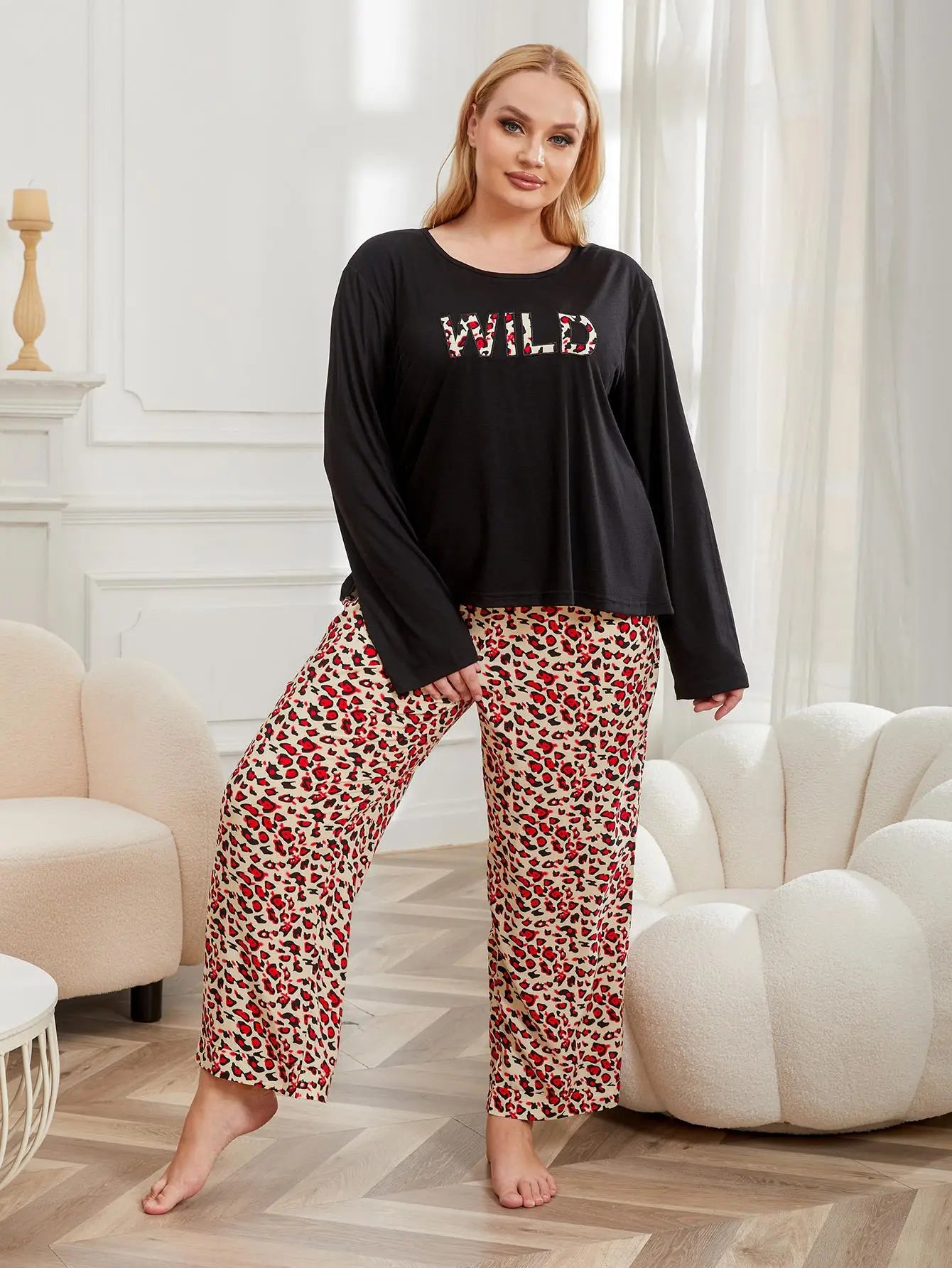 Women's 2 piece Pyjama Set Leopard Pants & "Wild" Long Sleeve Top - up to 4XL