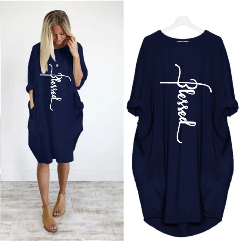 Women's Long Sleeve O-Neck Loose Casual Dresses Plus Size - various colours