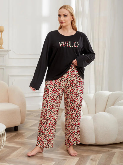 Women's 2 piece Pyjama Set Leopard Pants & "Wild" Long Sleeve Top - up to 4XL