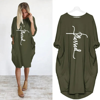 Women's Long Sleeve O-Neck Loose Casual Dresses Plus Size - various colours