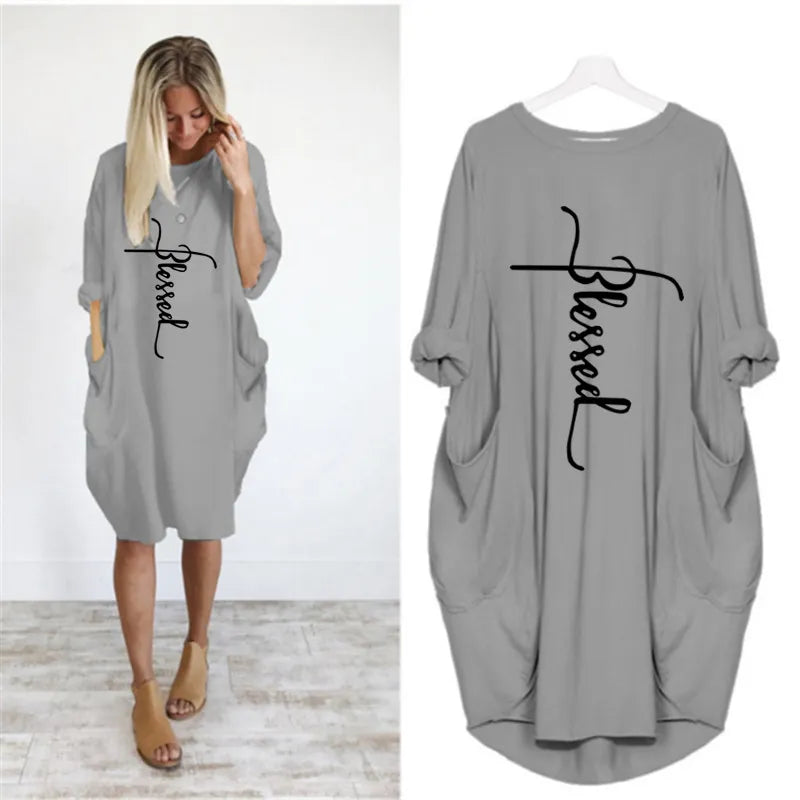 Women's Long Sleeve O-Neck Loose Casual Dresses Plus Size - various colours