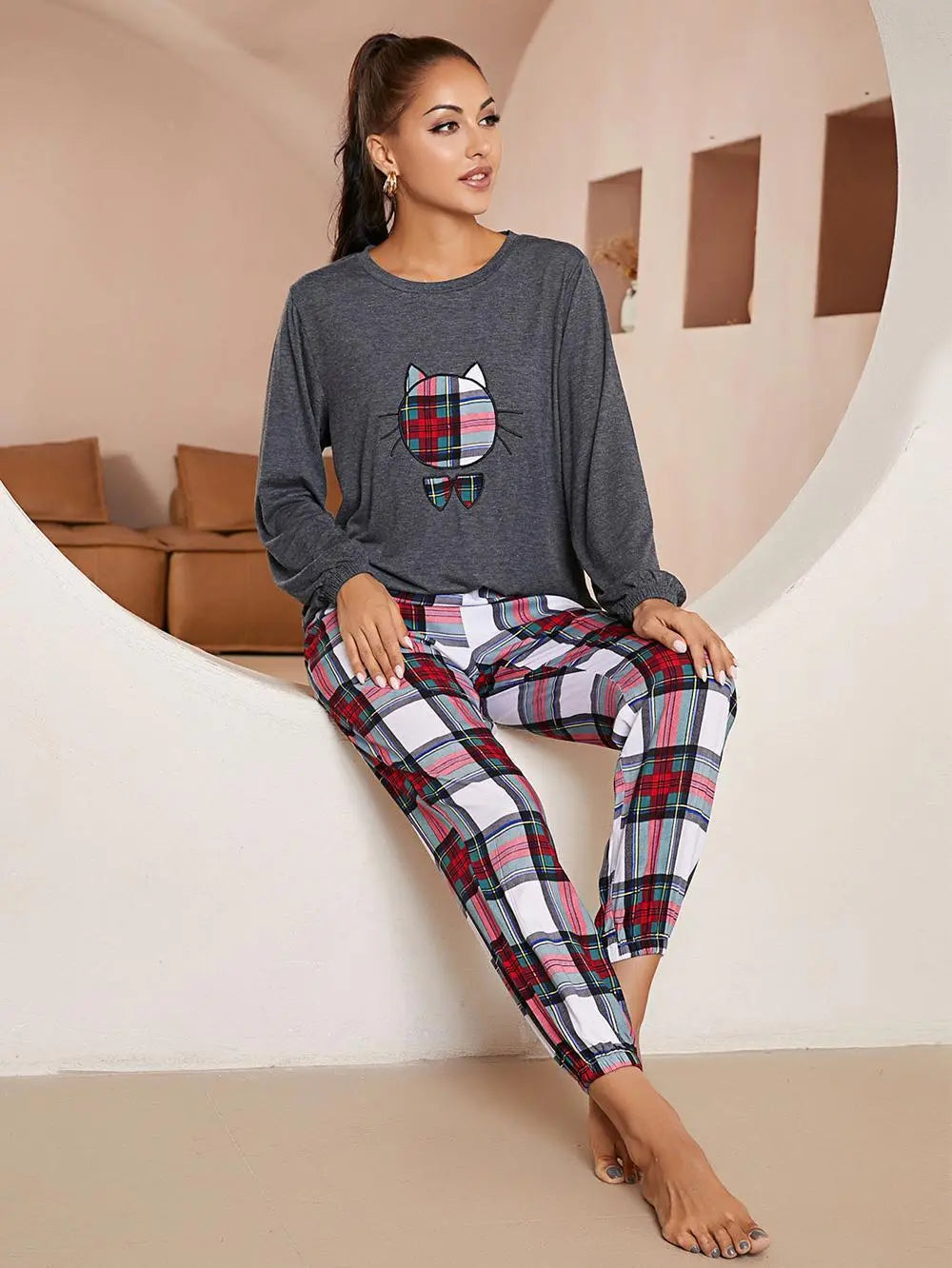 Women's 2 piece Pyjama Set Long Sleeve Cat Plaid T-shirt Top And Pants Sleepwear
