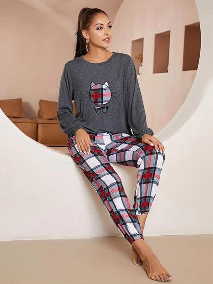 Women's 2 piece Pyjama Set Long Sleeve Cat Plaid T-shirt Top And Pants Sleepwear