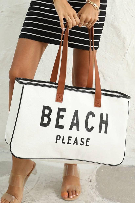 Large Slogan Beach Bag Cotton-Canvas With Genuine Leather Handles