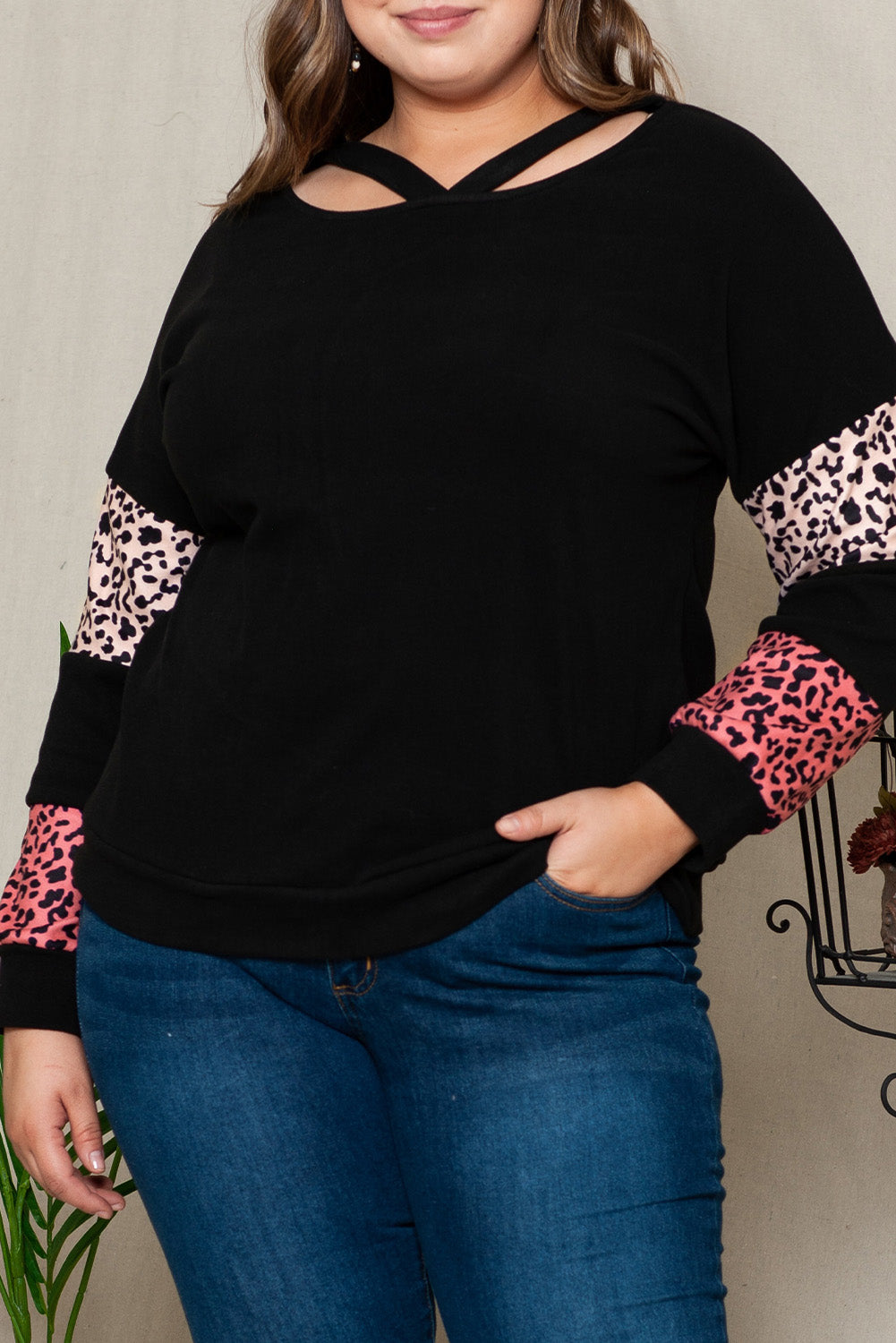Leopard Print Strappy Neck Top - Plus Size