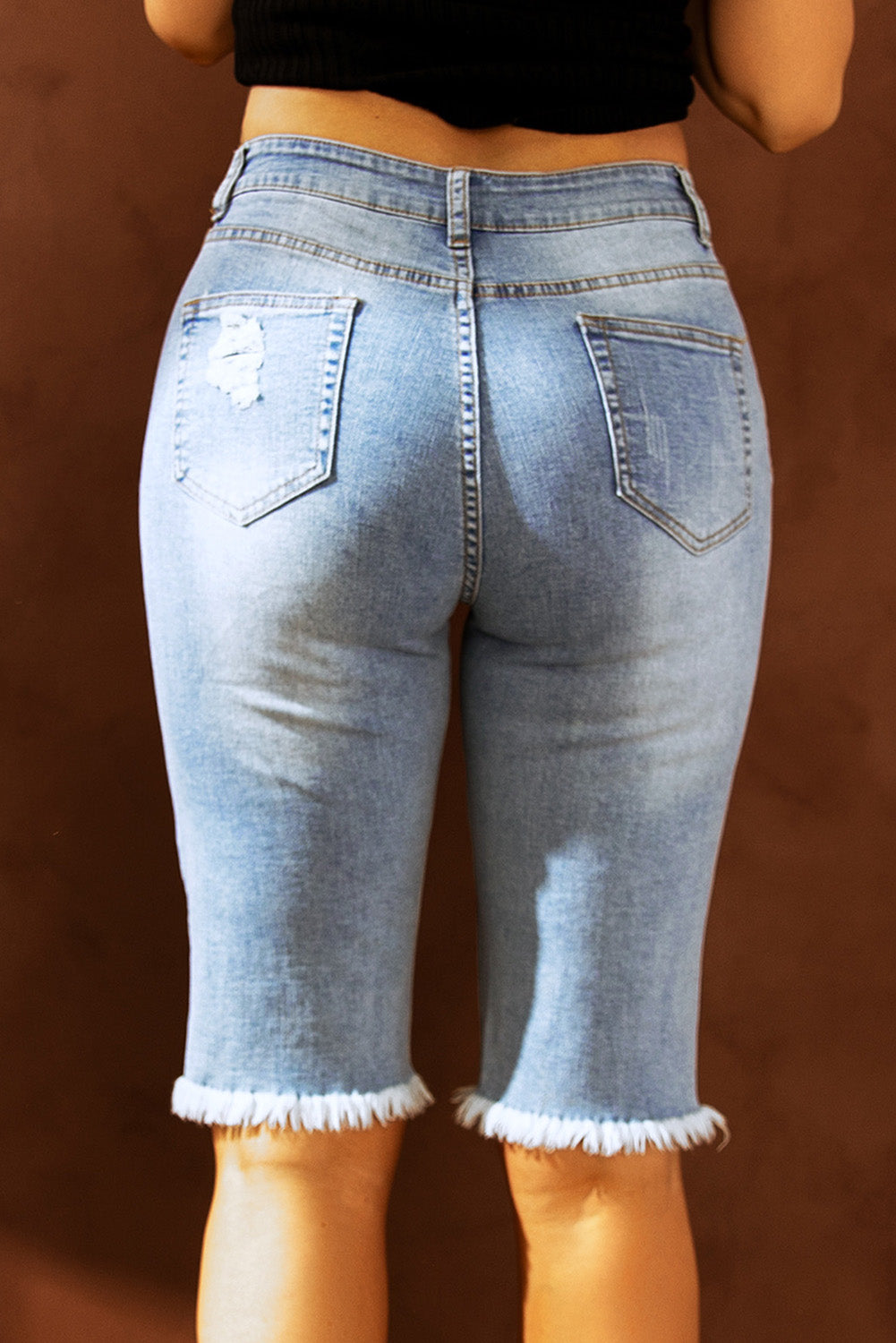 Mid-rise Ripped Leopard Patch Denim Bermuda Shorts