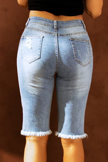 Mid-rise Ripped Leopard Patch Denim Bermuda Shorts