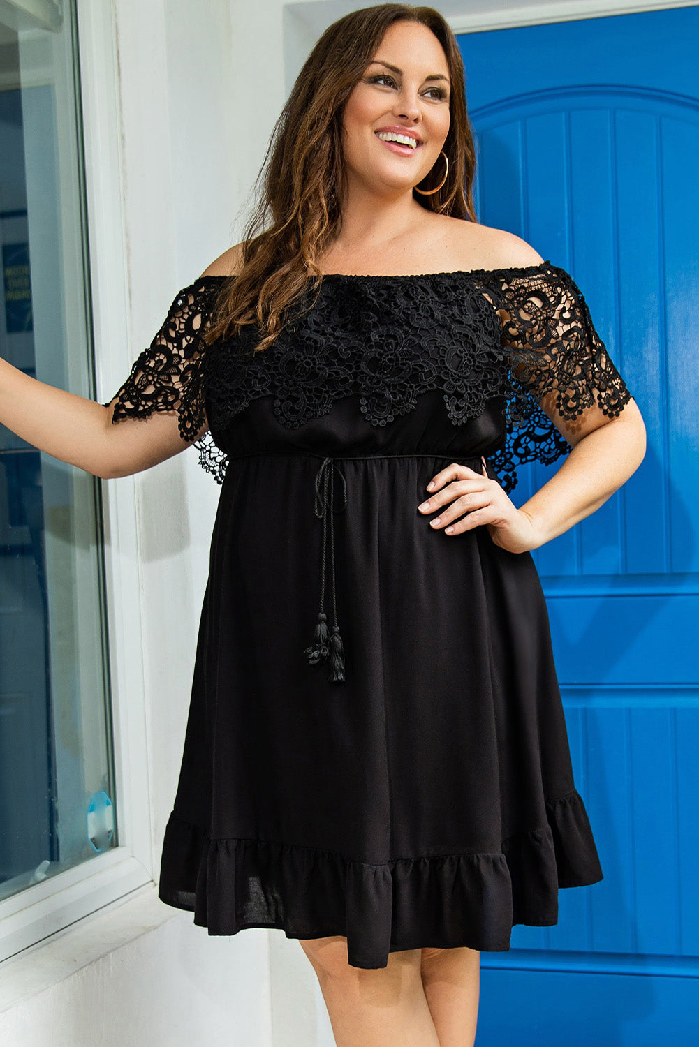 Women's Off the Shoulder Lace Sleeve Dress - Plus Size