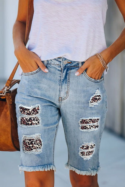 Mid-rise Ripped Leopard Patch Denim Bermuda Shorts
