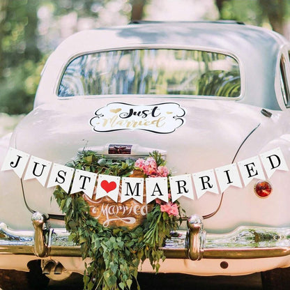 JUST MARRIED Wedding Banner Set, Reception Wedding Decoration, Bride Gifts and Engagement Photo Props, Car Decoration