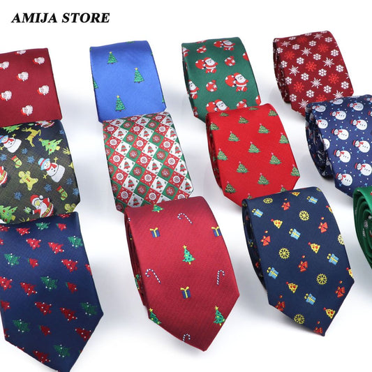 Christmas Ties For Men Red Green Blue Printed Festival Theme Party Gift Xmas Tree Santa Snowflake Slim Necktie For Man Accessori