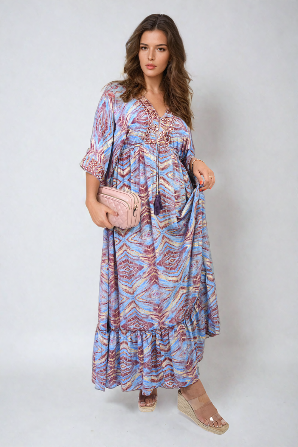 Printed Long V-Neck Ruffled Hem Maxi Dress with Front Tassel Detail