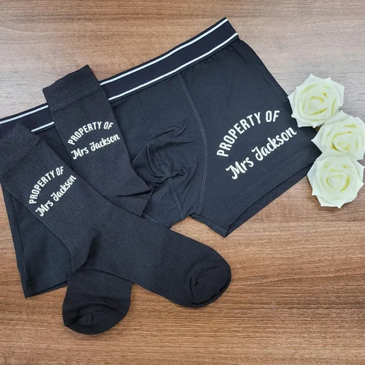 custom Personalized Property of Mrs Boxers socks Wedding Anniversary Birthday Valentine's Day Groom husband Gift from Bride wife