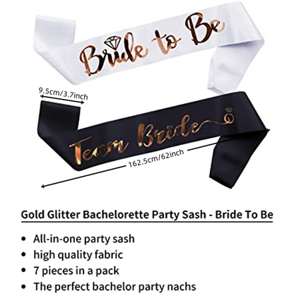 7pcs/set Bachelorette Party Sash Set 1 White Bride to Be Sash and 6 Black Team Bride Sashes Bridal Party Supplies with Shiny