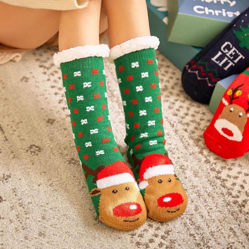 Christmas Fuzzy Fluffy Socks Women Winter Plush Soft Floor Female Anti Slip Non Grip Slippers Short Sock Deer Elk 2023 New Gift