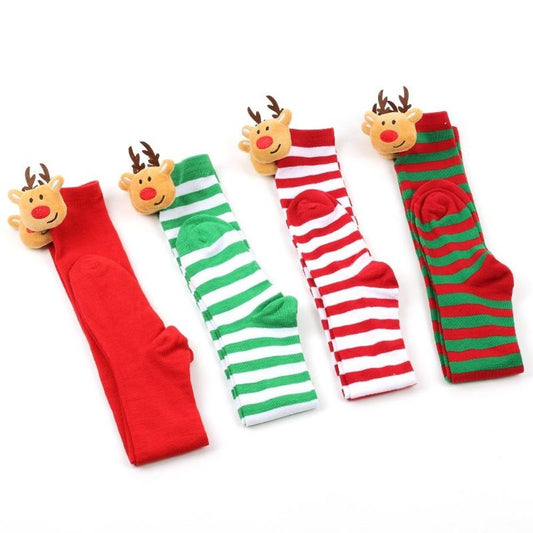 Women Striped Long Socks Cute 3D Plush Elk Over Knee Thigh High Stockings for Christmas Cosplay Party Costumes Accessory