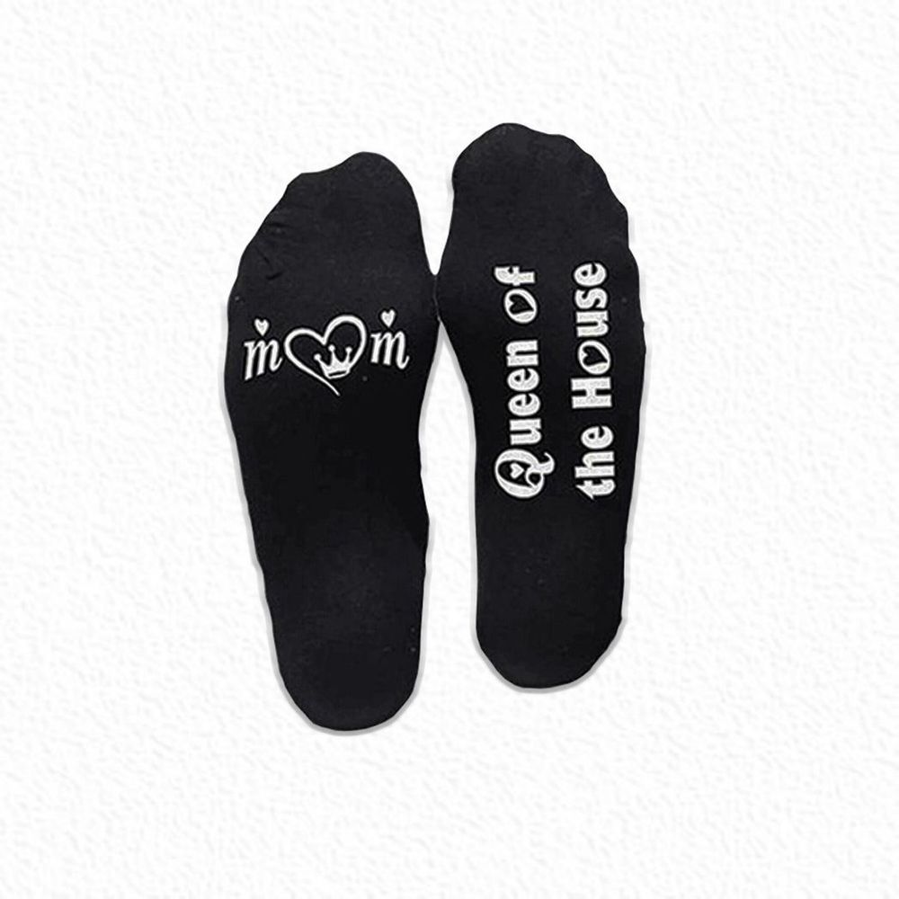 Flo Novelty Cotton Mid Calf Socks with Funny Slogans, Queen of the House, Black