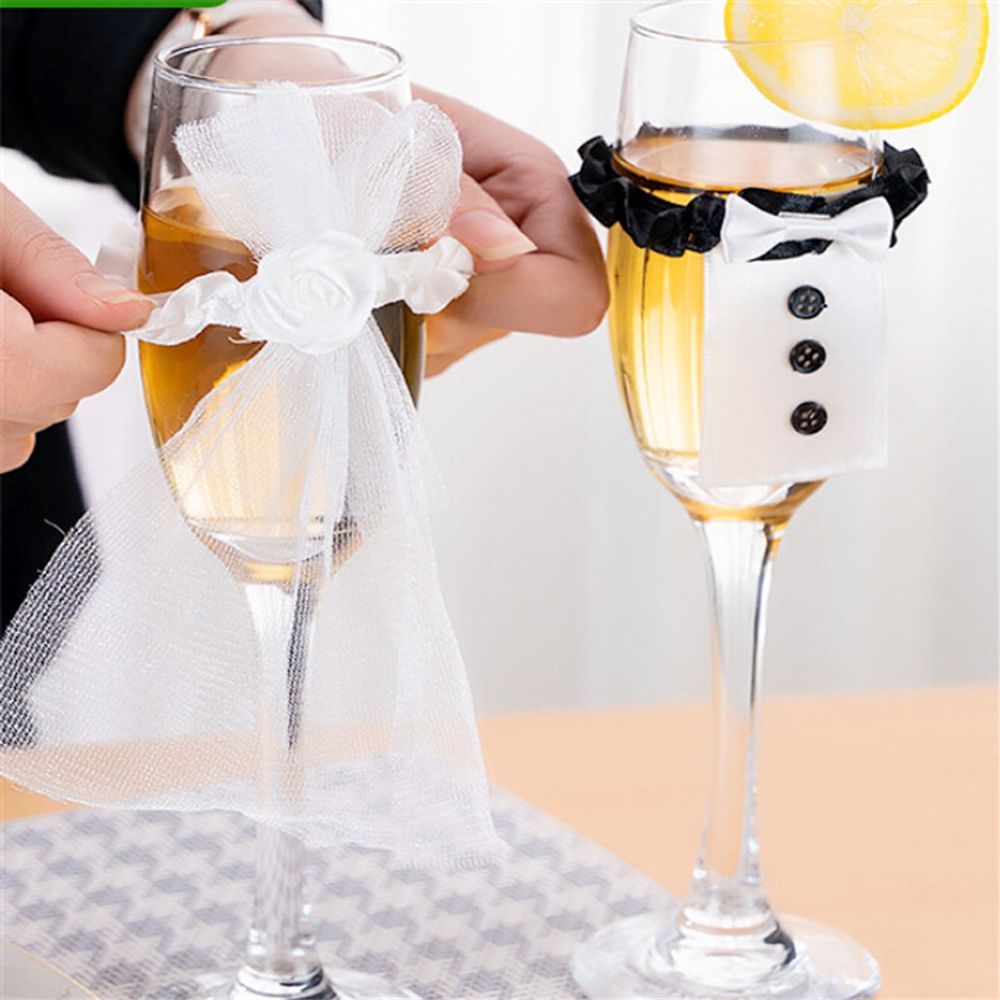 2Pcs/Set Bridal Veil Bow Tie Bride & Groom Tux Bridal Veil Wedding Party Toasting Wine Glasses Decor Wedding Party Decoration