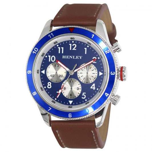 Henley Mens Multi Eye Blue Dial With Brown Sports Large Leather Strap Watch H02219.26