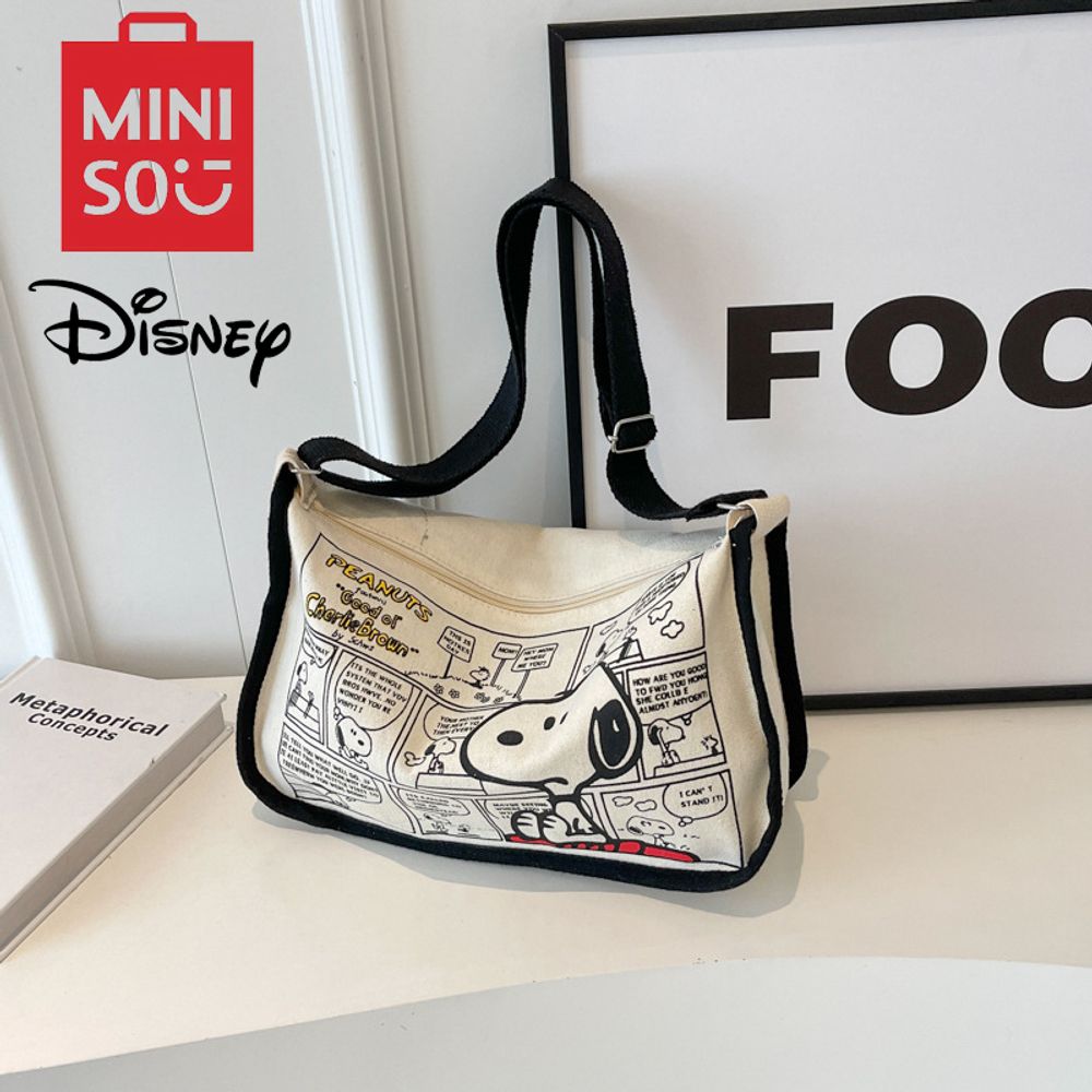 MINISO Disney Serie Cartoon Canvas Bag Large Capacity Handbag Snoopy Shoulder Bag Women Crossbody Bag Adjustable Shoulder Straps