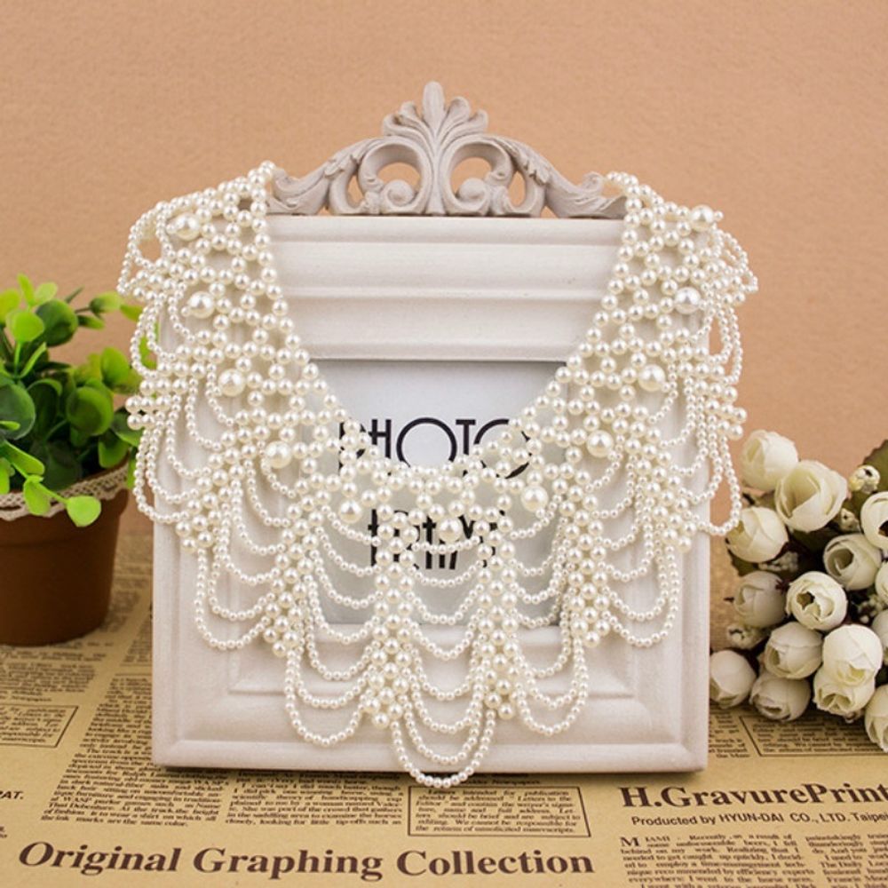 Pearl Beaded Lace Trim Collar Ribbons Women Necklace Jewelry for Clothes Wedding Dress