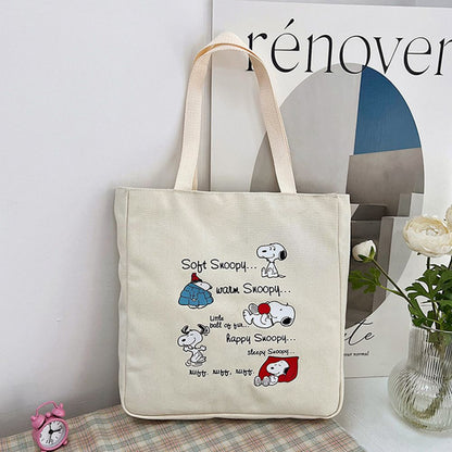 MINISO Disney Series Snoopy Canvas Bag Printed Cartoon Shoulder Bag Large Capacity Handbag Zipper Casual Tote Bag