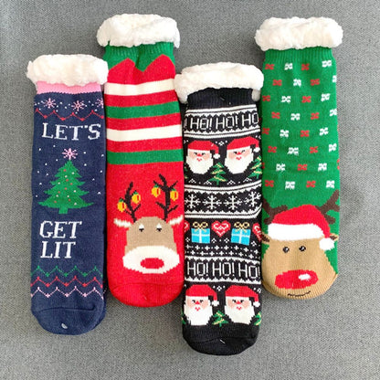 Winter thick non-slip floor socks female elk Christmas gift socks cute cat and fox series new year socks warm soft tube socks