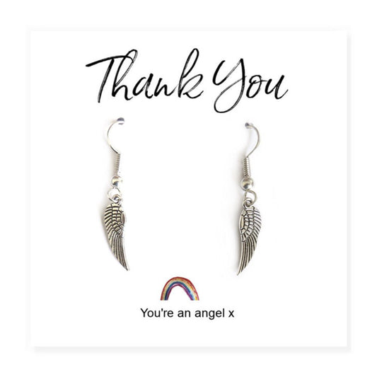 Angel Wing Earrings on Rainbow Thank You Card