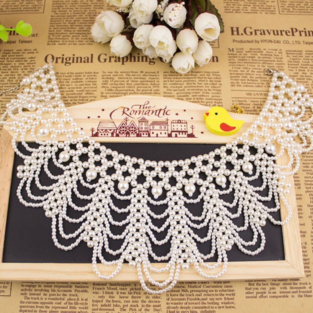 Pearl Beaded Lace Trim Collar Ribbons Women Necklace Jewelry for Clothes Wedding Dress