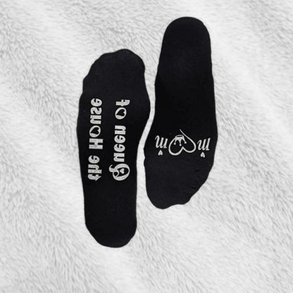 Flo Novelty Cotton Mid Calf Socks with Funny Slogans, Queen of the House, Black