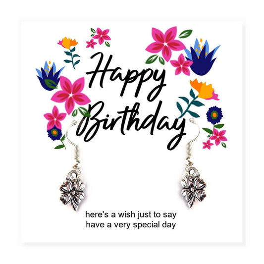 Happy Birthday Flower Earrings & Message Card